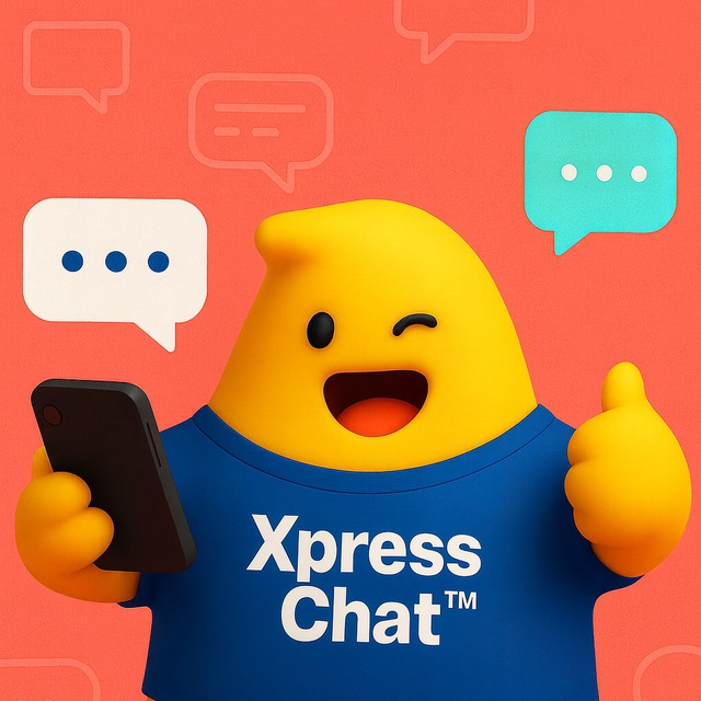 XpressChat mascot with a phone and chat bubbles