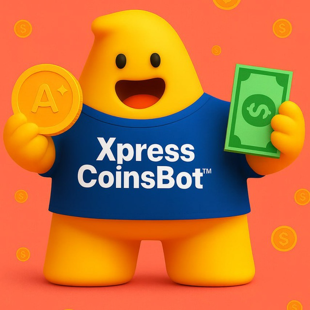 XpressCoinsBot mascot holding a coin and cash